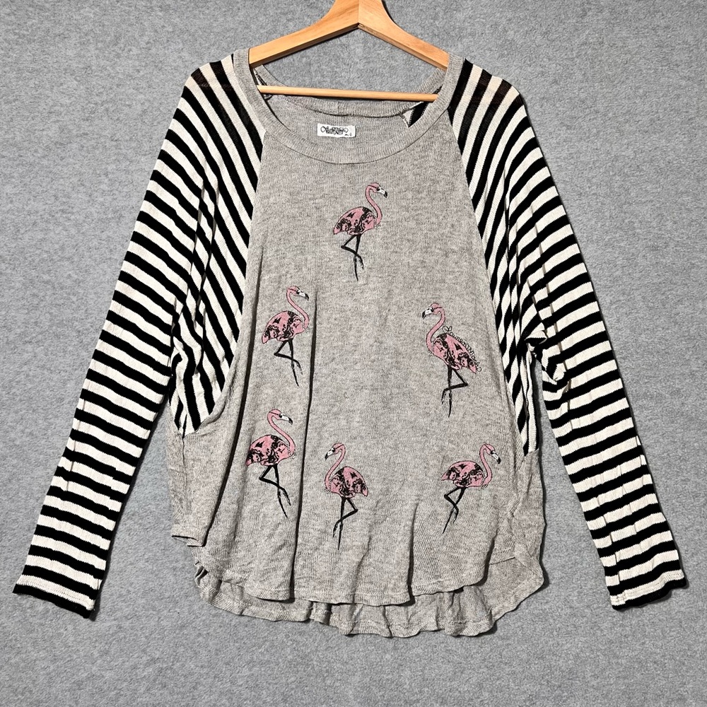 Lauren Moshi Oversized Whimsigoth Boho Sweater Flamingo Black Stripes Wm M/L